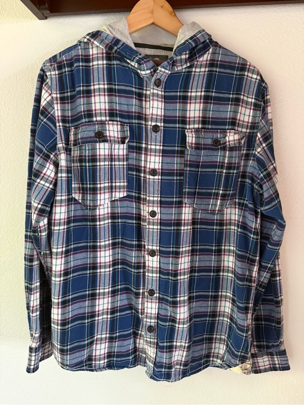 UNIONBAY Cotton Plaid Hooded Button-Down Shirt, Unisex, Size L Relaxed Fit